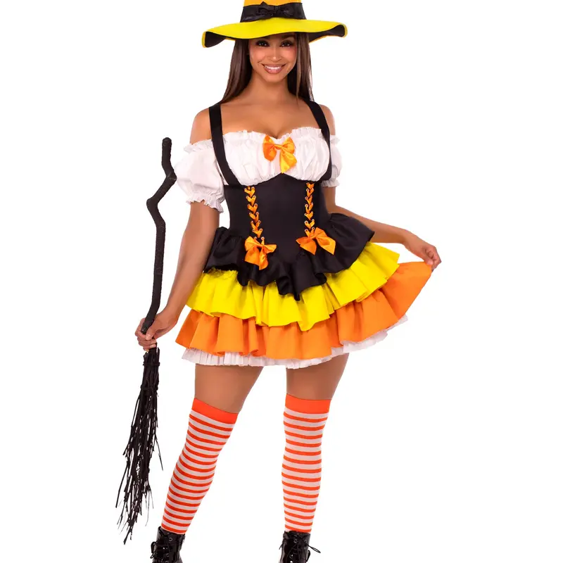 Leg Avenue Women's Creepy Cute Tiered Candy Corn Witch Costume - Fitted Halloween Party Outfit, Striped Legwear, Drip Dry Cotton Fabric, Witchy Clothes with Hat, Halloween Costume Ideas for Women