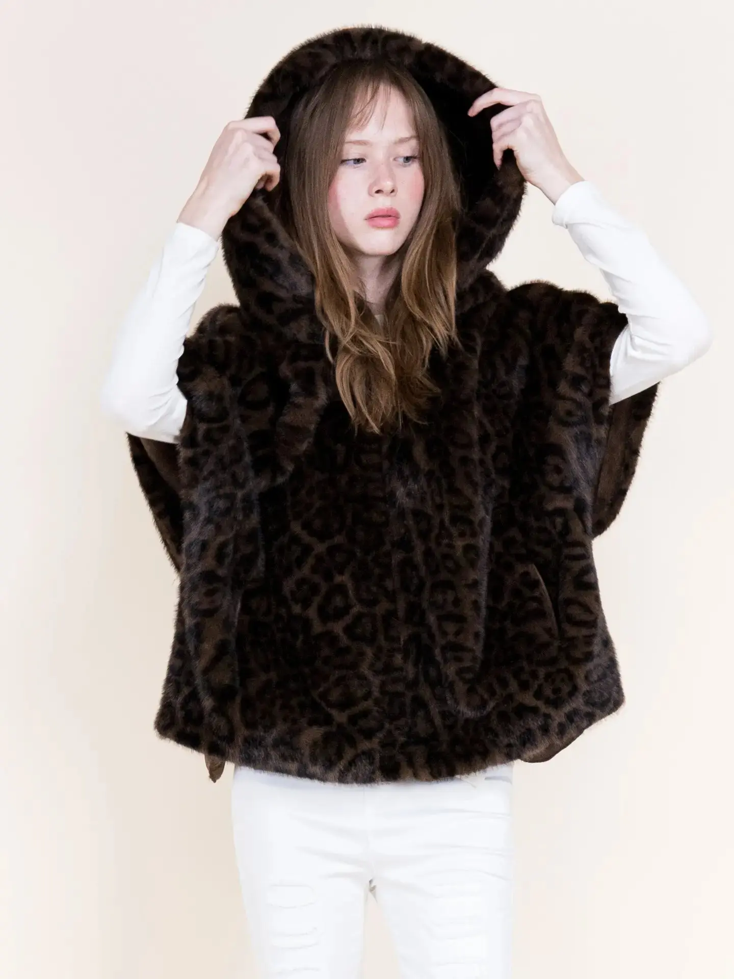 Leopard Vegan Fur Cropped Hooded Cape