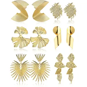 FIASASO Women's 14K Plated Alloy Metal Dangle Clip Earrings, Non-Piercing Large Size Exaggerated Shapes Earrings Set with Heart Leaf Designs