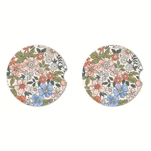 Flower Pattern Round Car Coaster, 1 Pair Waterproof Anti-slip Car Cup Mat, Car Accessory, Universal Car Interior Decoration Accessories For Women & Girls