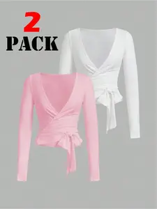 Winter Yoga Fitness, Elastic Soft V-Neck Long Sleeve Slim Fit T-Shirt Set, Open Front Tie Waist Wrap Top Two-Piece, Fitness Outfit, Athletic Yoga Tops