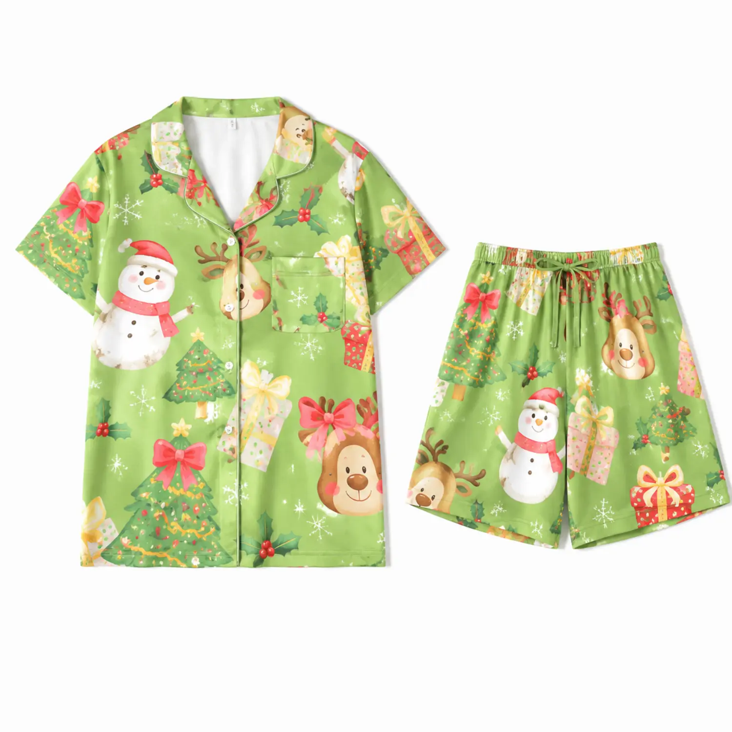 Christmas Print Short Sleeve Button Front Pajama Set for Women, Green Festive Sleepwear with Elastic Waist Shorts and Pocket