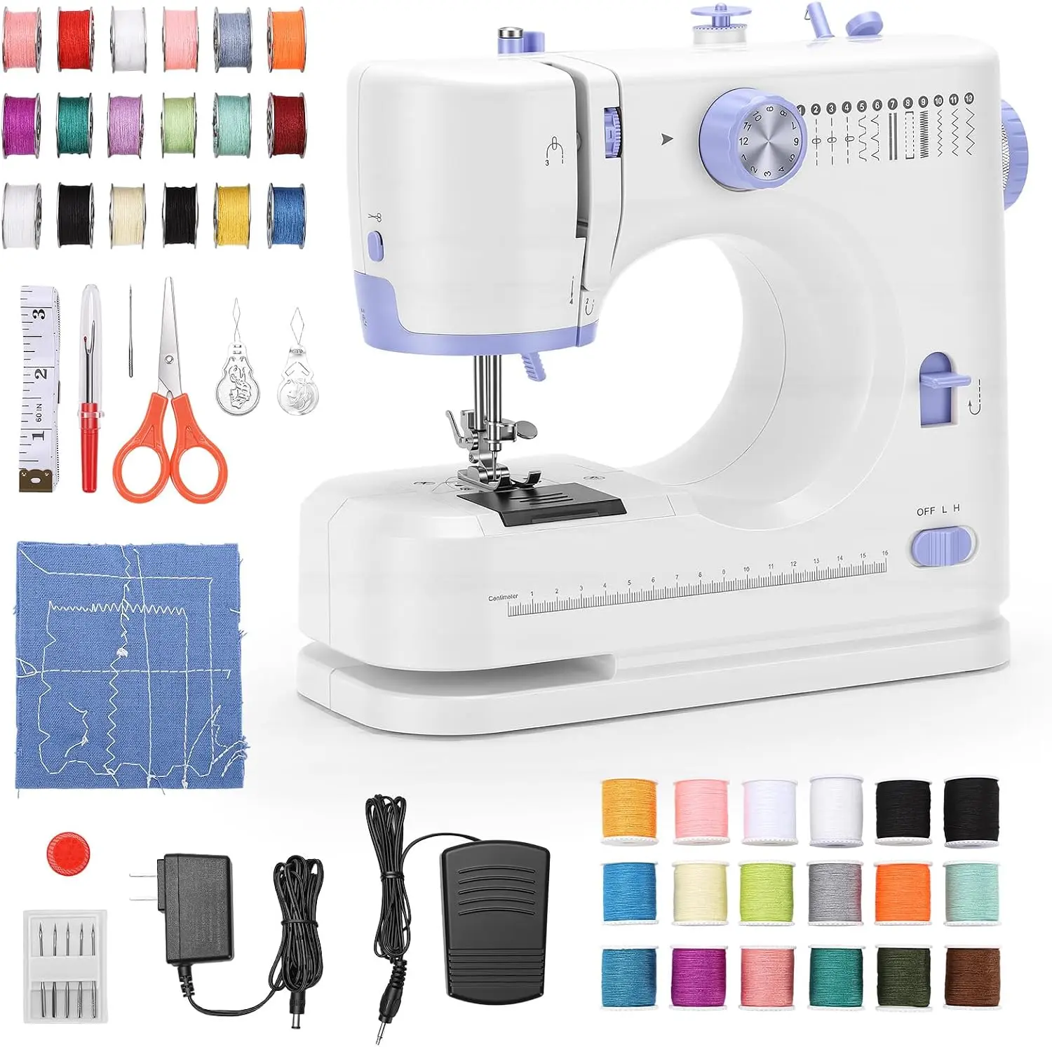 Portable Electric Sewing Machine for Beginners with 12 Built-in Stitches, Dual Speed, Reverse Function, Foot Pedal and Mini Kit Including Fabric & Threads