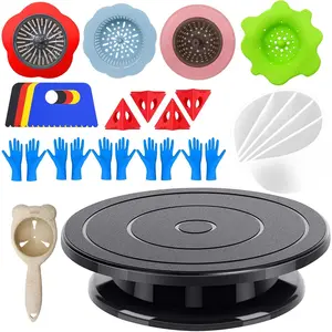 11" Rotatable Sculpting Wheel with Acrylic Pouring Strainers, Scraper, Cone, Painter Support Stands, Gloves - Painting Tools for Unique Pattern Training Art Supplies
