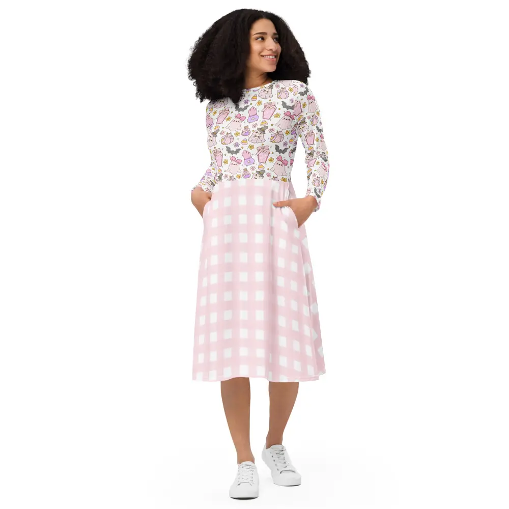 Pastel Ghost Print Gingham Midi Dress, Cute Halloween Long Sleeve Dress, Pink Plaid Contrast Skater Dress, A-Line Dress with Pockets, Trendy Fall Dress, Casual Everyday Outfit, Gift for Her