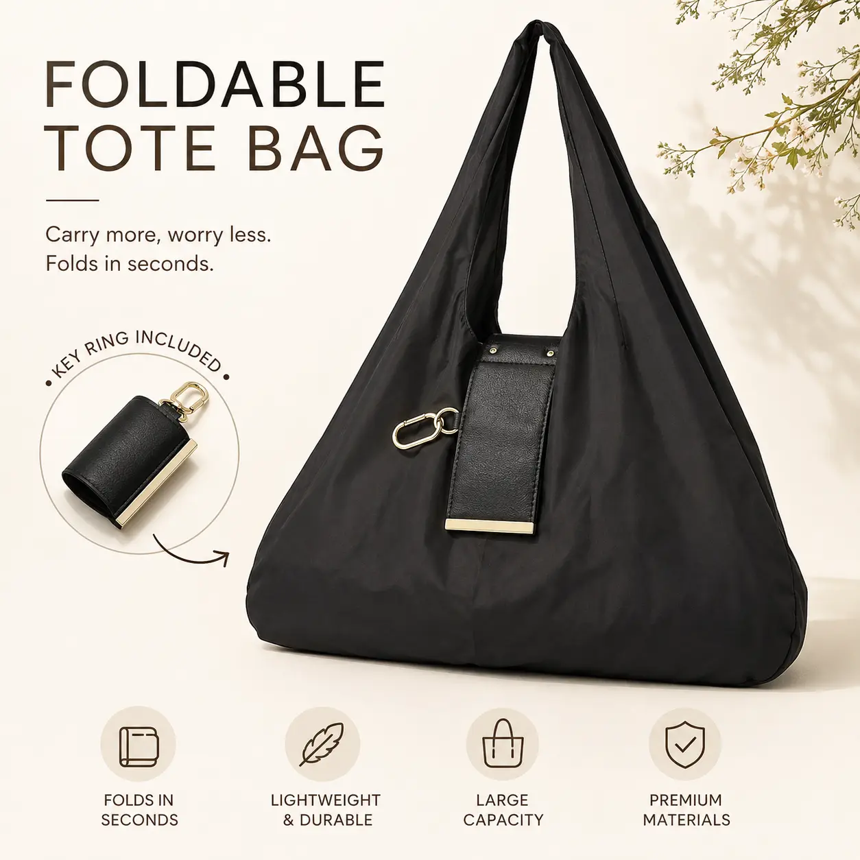 Compact Foldable Keychain Tote Bag, Expandable Reusable Grocery Shopping Bag with Key Ring, Portable Carryall for Travel, Daily Errands & On-the-Go Use