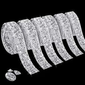 6 Rolls Self Adhesive Rhinestone Ribbons, Sliver  Rhinestone Strips,   Rhinestone Ribbon Roll Stickers Glitter Bling Ribbons for Crafts Fabric