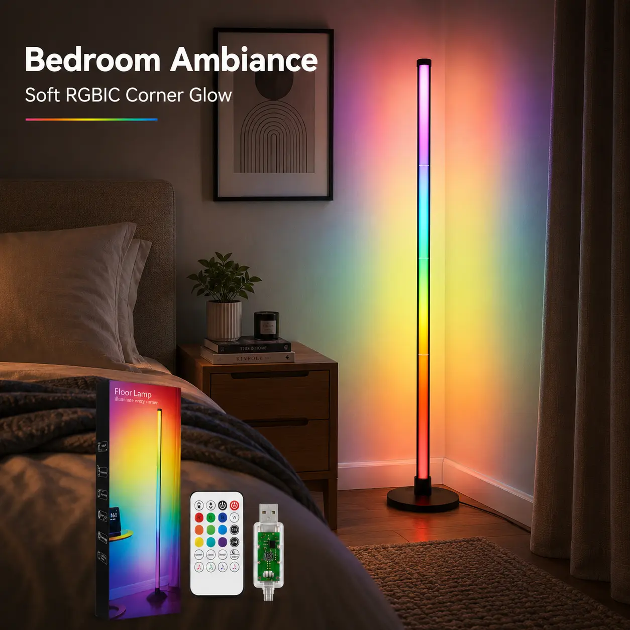 RGBIC Corner Floor Lamp, 48in Color Changing LED Floor Lamp with App Control, Remote Control & Music Sync for Bedroom, Living Room, Gaming Room