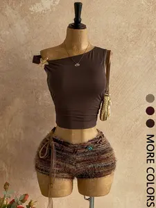 Y2K Aesthetic Casual One-Shoulder Metallic Accent Crop Top & Vintage Fringe Tweed Shorts Set