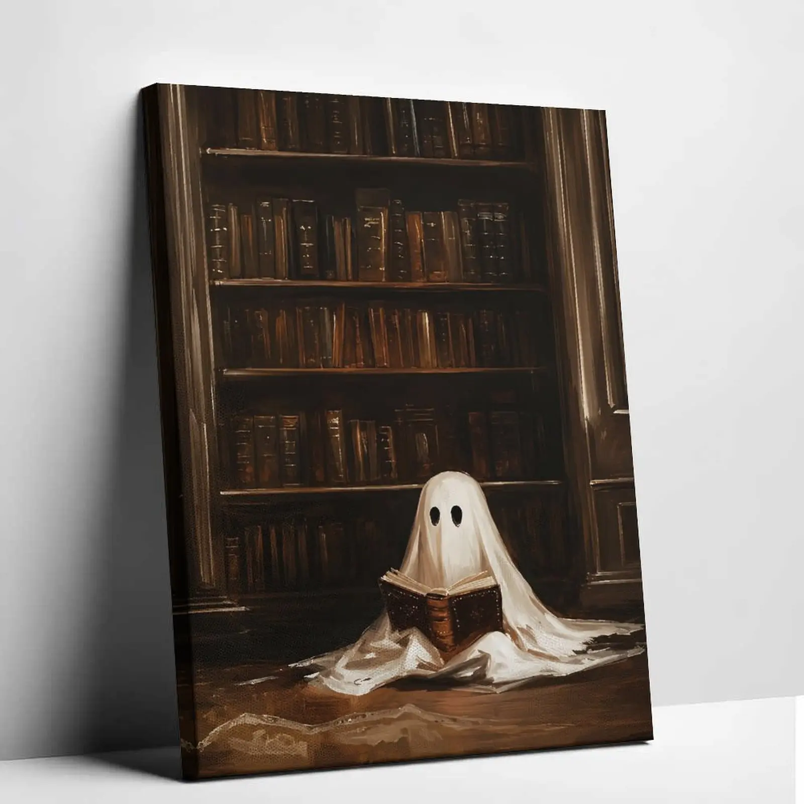 Ghost Reading Book Canvas Print Spooky Trendy Ghost Trend Wall Art Vintage Bookshelf Library Poster Gothic Aesthetic Living Room Bedroom Decor Whimsical Room Art Canvas Painting