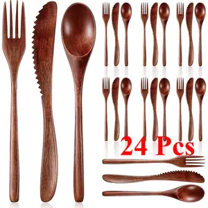24 Pcs Wooden Utensils for Eating Wooden Spoon Fork Knife Cutlery Set Kitchen Wood Dinner Flatware Tableware Set Includes Spoon, Fork, Knife