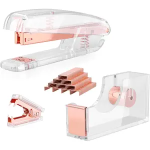 Desk Accessory Kit,Acrylic Stapler Set, Tape Dispenser, Staple Remover with 1000pcs 26/6 Staples -Rose Gold