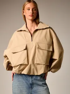 Women’s Oversized Utility Half Zip Jacket – Stand Collar Lightweight Casual Outerwear