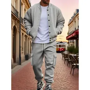Men's Fall Outfits Sports Casual Warm Fleece Two-Piece Set for Daliy Wear, Baseball Jacket & Cargo Pants, Multi-Pocket Design, Essential Wardrobe Item
