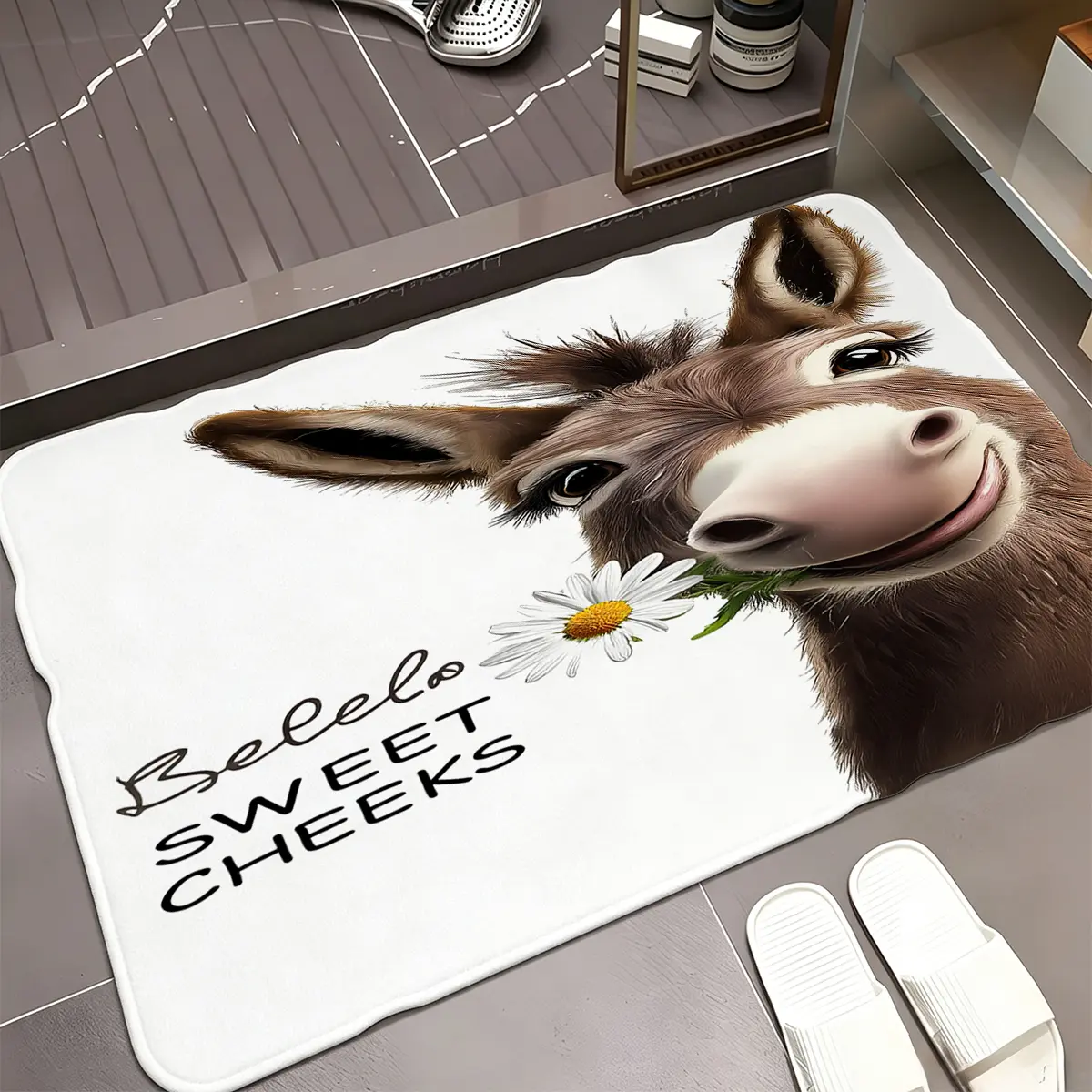 Cute Donkey Flannel Door Mat 16×24in / 20×31in / 24×36in, Funny Animal Entryway Rug, Soft Non Slip Washable Indoor Floor Mat, Farmhouse Home Decor Carpet for Front Door, Bedroom, Bathroom & Kitchen