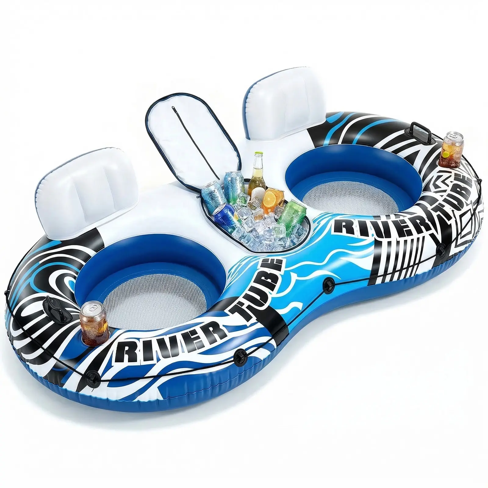 Heavy-Duty 2-Person Inflatable Pool Float Lounger for Adults, River Raft with Removable Cooler, Backrests, and Cup Holders for Lake Parties, Pool Floats