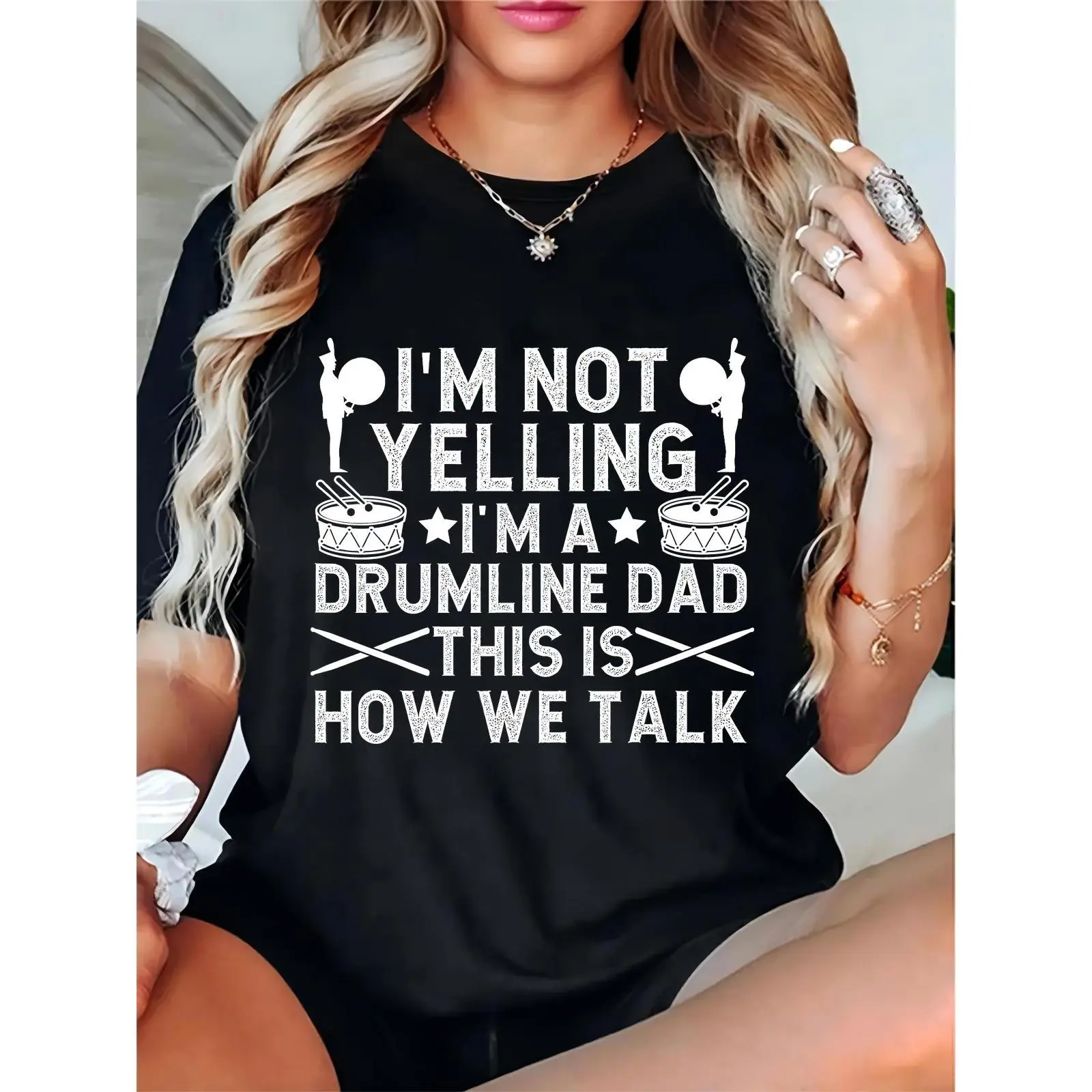 Men's Funny Drumline Dad T-Shirt with Drum & Star Graphics, Ideal for Marching Band Events, Family Gatherings & Casual Outings, Featuring "I'm Not Yelling I'm a Drumline Dad" Quote, Basic, Shortsleeve, Prints, Tee, Top, Tshirt