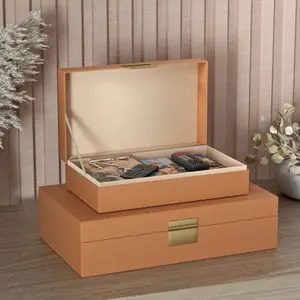Decorative Storage Boxes Set of 2 - Multi-Purpose Beautiful PU Leather Organizer Bins for Your Home Decor - Decorative Containers with Lids Store Photos, Documents, Memory Box Keepsakes (Brown)