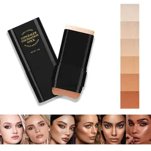 5-Color Dual-Ended Foundation & Concealer Stick with Built-in Brush, 2-in-1 Contour Highlight Makeup, Lightweight Moisturizing Waterproof Long Lasting Blend Stick