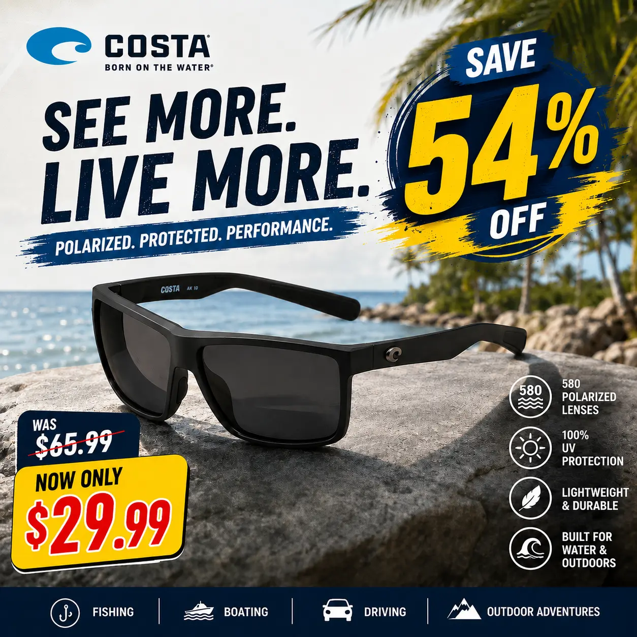 Costa Del Mar Polarized Sunglasses for Fishing & Boating, UV Protection Outdoor Driving Shades Men Women
