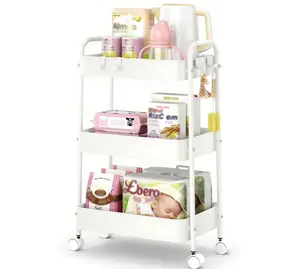 3-Tier Metal Rolling Cart with Wheels Storage Utility Organizer Cart for Kitchen Bathroom Office Baby Essentials Makeup Lockable Casters Easy Assembly Large Capacity