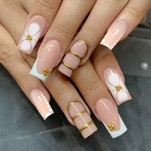 24pcs Medium Square Press-On Nails, Pale French Style, Petal & Leopard Print Design, Glossy Finish, Easy Wear Acrylic False Nails Set, Glossy Fake Nails