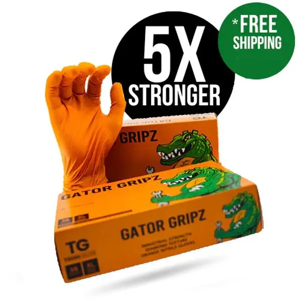 Tough Glove Gator Gripz (10 Mil) - Box of 50 Diamond Textured Extended Use Nitrile Gloves, Latex & Powder Free, Chemical & Tear Resistant with Smart Touch Tech, 5X Stronger - Perfect for Automotive, Mechanics, Industrial, Tattooist, Salons &  Cleaning