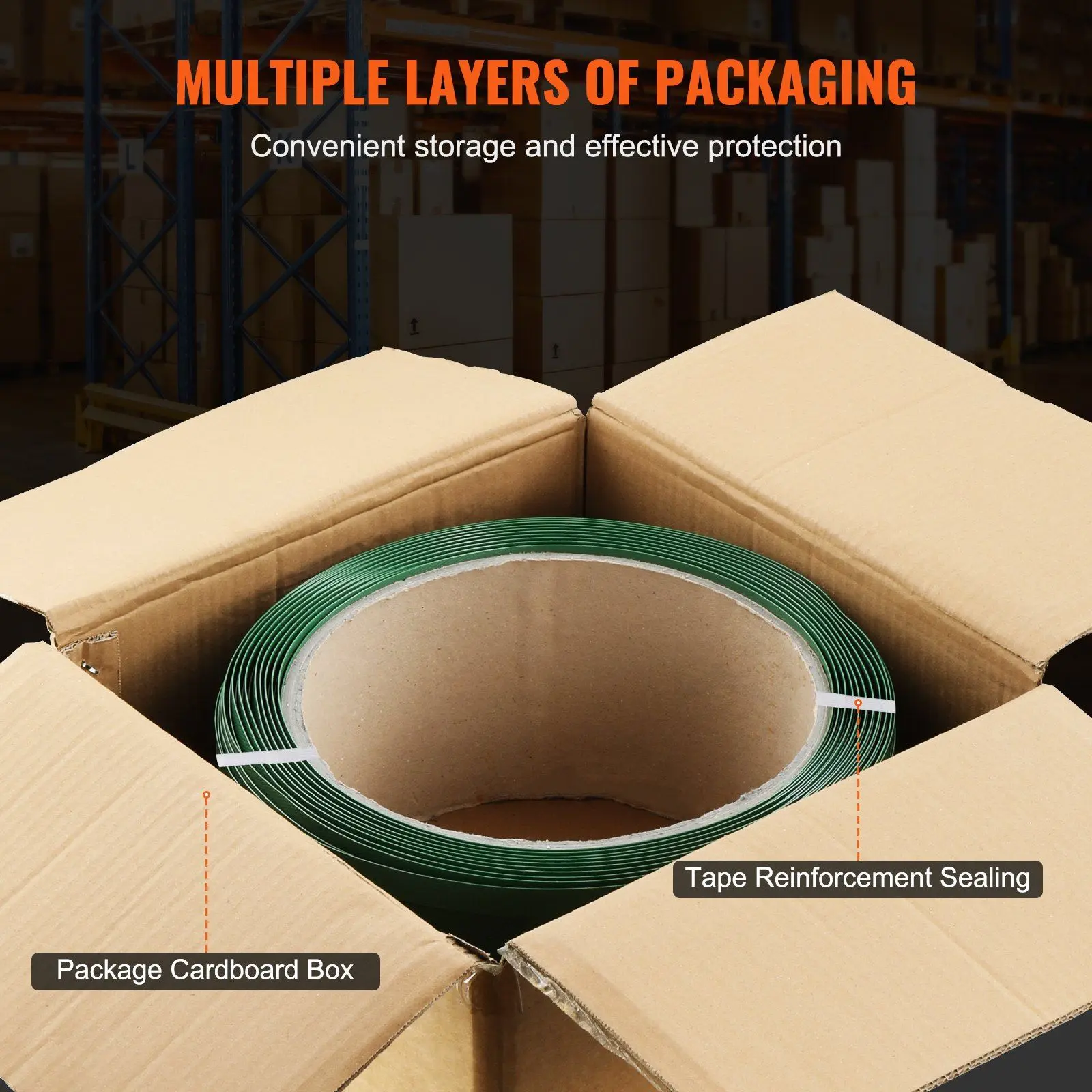 VEVOR Packaging Polyester PET Strap Coil, 0.63"x0.03"x1000' Roll with Smooth Edges, Embossed Design, Extra Grip and Heat-Fused Surface, No Slipping, Secure Hold, Large Handle Hole, Side Opening, Heavy Item Packing Tool Accessory
