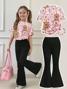 Teen Girls Casual Simple Short Sleeve Top and Long Pants Set, Casual Outfit Set, Cute Clothing Set, Summer Wear, Fitted Style, All over Print, 2 Piece Set