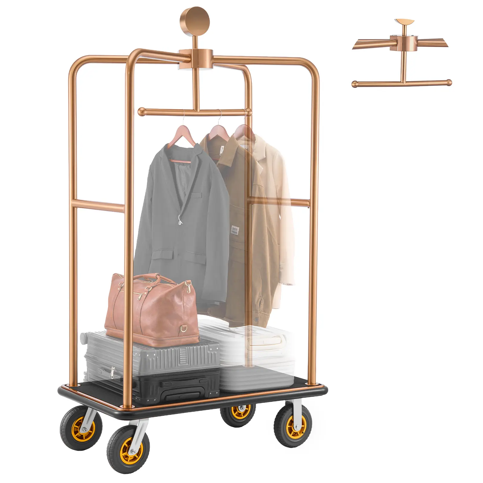 【SummerFinds】VEVOR Durable Luggage Cart, 1200 lbs Heavy-Duty Bellman Cart with Stainless Steel Frame, 8 in Rubber Wheels, Black Carpeted Deck, Rose Gold Commercial Rolling Trolley for Hotels, Resorts, Durable Luggage Carts