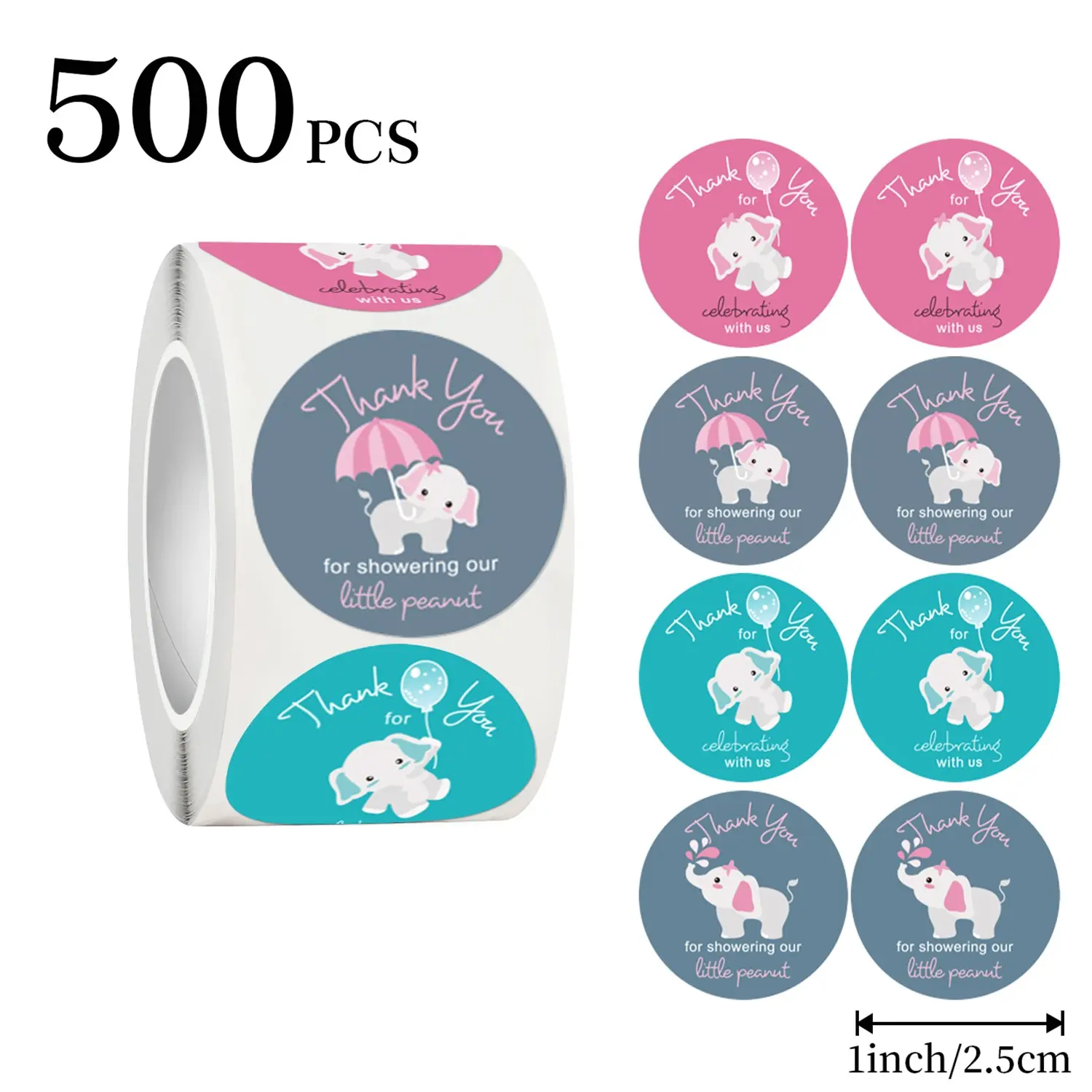 500pcs Cute Elephant Stickers, Animal Thank You Sticker Decals for Shower Party, Wedding Gifts, Birthday Decorations, Graduation Supplies