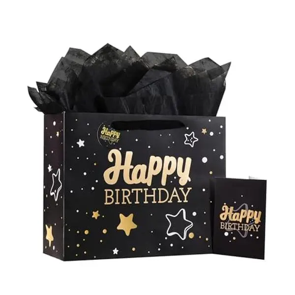 Black Birthday Gift Bag with Tissue Paper and Greeting Card, 13'x10.2'x4.9', Medium (1-Piece Set, Black Starry Sky, Unisex, Includes Card, Ribbon, Crinkle Paper)