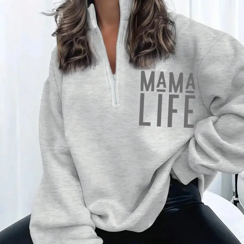 Women's Letter Print Drop Shoulder Half Zip Sweatshirt, Casual Long Sleeve Stand Collar Pullover for Fall & Winter, Women's Clothes for Daily Wear