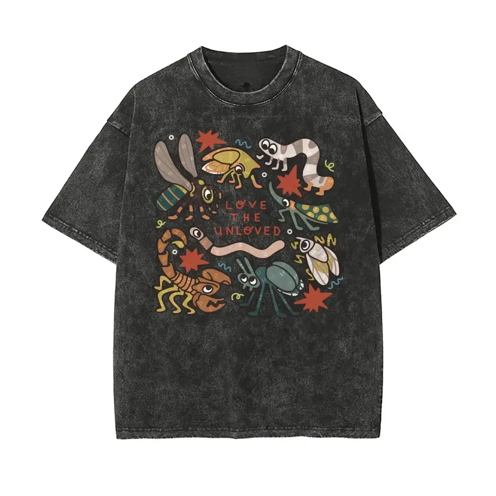 "Love the Unloved" Cute Bug Lover T-Shirt, Cartoon Insect Graphic Tee, Black Vintage Washed Cotton Top, Entomology Apparel,Washed Cotton Tee,funny graphic tee,summer graphic tees oversized tshirt women