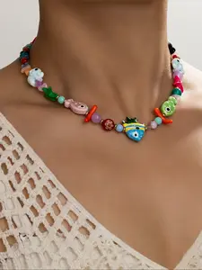 Women's Summer Beach Style Casual Functionality Vibrant Elements Necklace, Colorful Ceramic Fish Turquoise Starfish Coral Glass Beads Pendant Chain Jewelry for Vacation Party