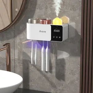iHave Toothbrush Holders with UV Toothbrush Sanitizer & Aromatherapy Diffuser - Toothbrush Holder for Wall Mounted Toothbrush Organizer, Toothbrush Sanitizer and Holder with Night Light, Clock, Turbo Air Heated Drying – Bathroom Organizing with 2 Cups