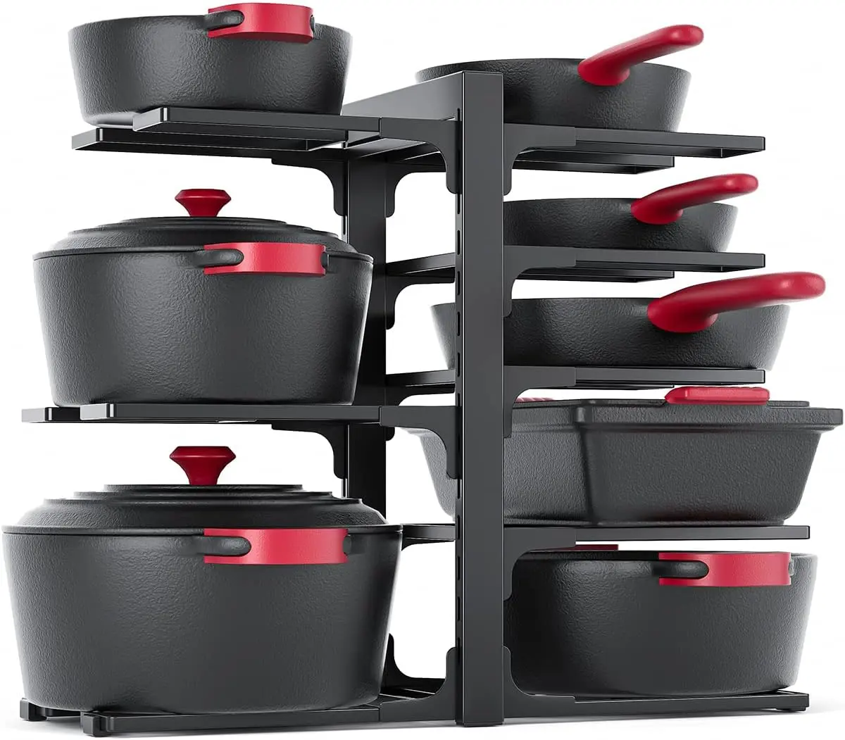 8-Tier Pots and Pans Organizer under Cabinet, 15.83" Height Heavy Duty Pot Pan Organizer Kitchen Cabinet Organization and Storage, Adjustable Pot Rack for Frying Pan, Cast Iron Skillet, Black