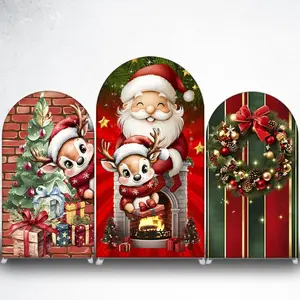 Cute Reindeer with Christmas Tree Arch Backdrop Cover for Xmas Party Photo Booth
