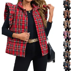 ARTFREE Womens Plaid Puffer Vests Ruffle Sleeveless Lightweight Quilted Vest Fall Winter Padded Gilets Coats