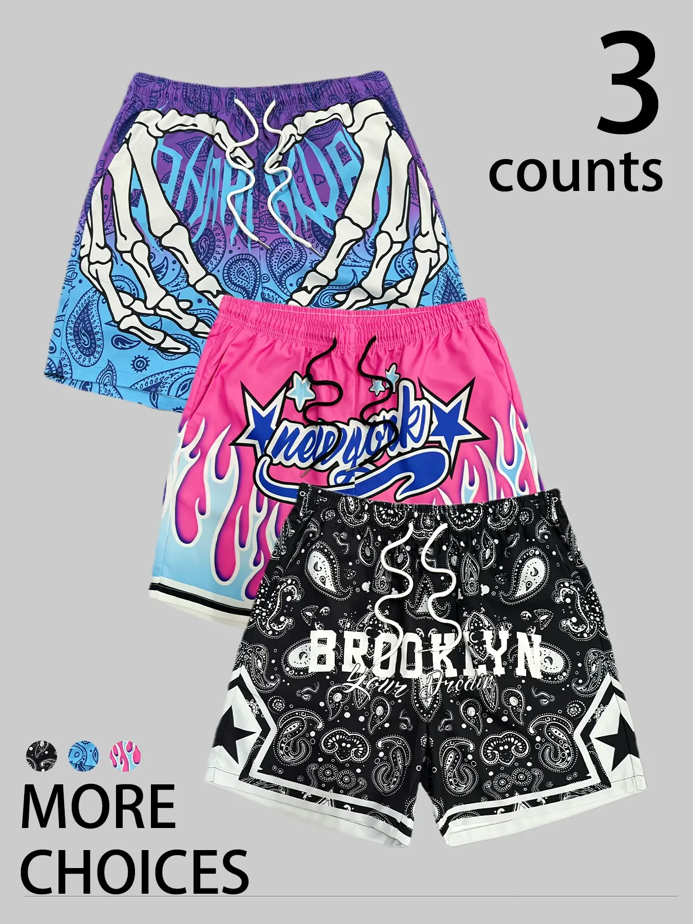 Men's 3-Pack Streetwear Printed Paisley Flame Skull Breathable Quick-Dry Athletic Bermuda Shorts, High-Quality Fabric, Drawstring Waist, Loose Fit, Y2K Design, Summer Beach Wear, Graphic Print Shorts