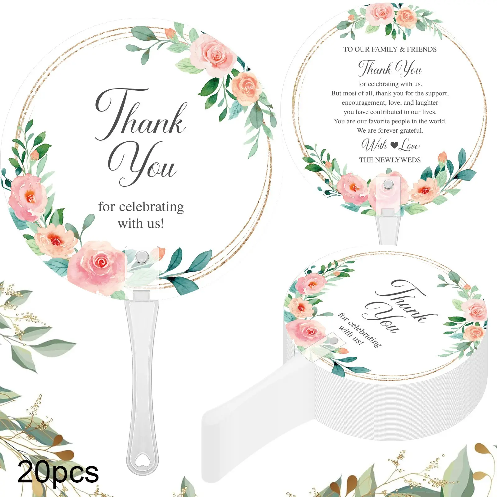 20pcs Thankyou Plastic Wedding Fans, Floral Leaf Pattern, Party Props, Guest Souvenirs, Decoration Items, Perfect for Weddings & Events, Wedding Photography Props, Wedding Hand Fans