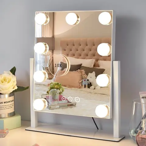 Adjustable LED Lit White Vanity Tabletop Mirror (12in L x14.4in W) - 9 Bulb Even Glow, 3 Color Light Modes, Detachable 10x Magnification, 360° Rotation, Switch Control, ABS Portable Home Decor Gift for Girls, Dorm Use, Led Lit Mirror