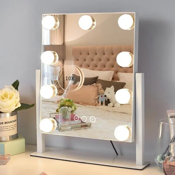 Adjustable LED Lit White Vanity Tabletop Mirror (12in L x14.4in W) - 9 Bulb Even Glow, 3 Color Light Modes, Detachable 10x Magnification, 360° Rotation, Switch Control, ABS Portable Home Decor Gift for Girls, Dorm Use, Led Lit Mirror