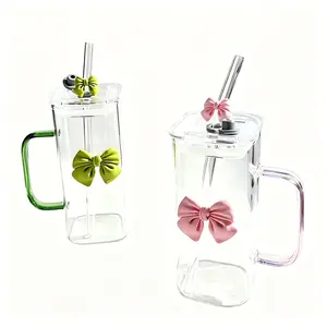 Stylish Square Glass Cup with Pink Bow*1, 390ml Heat-Resistant High Borosilicate Glass Tumbler with Handle, Straw & Lid for Tea & Cold Drinks