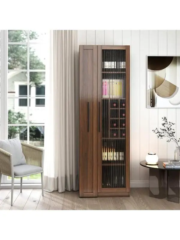 Freestanding Farmhouse Kitchen Pantry Cabinet - 5-Level Particleboard Glass Bar Cabinet with Glass Doors, Expandable Pull-Out Shelves, Multi-Functional Storage Organizer for Kitchen, Dining Room, Five-Level Bar Cabinets, Freestanding Bar Cabinets