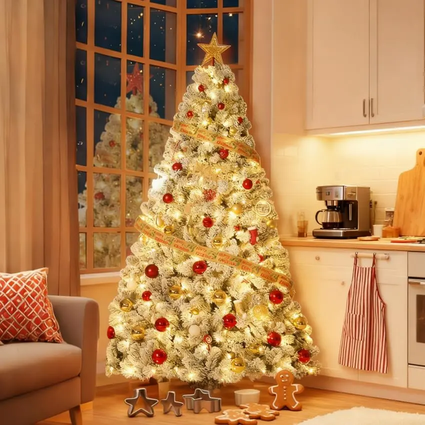 6ft Tall Fluffy PVC Artificial Fraser Fir Christmas Tree Kit - Pre-Lit 800-Tip Snow Flocked Hinged Branches, Multicolor & Warm White 8-Mode Mood Lighting, LED Ball Lights, Ornaments, Metal Stand, for Holiday Home & Room Decorations