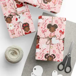 Black Girl Candyland Christmas Wrapping Paper Cute Little Black Girls Holiday Gift Wrap Pink Candy Cane Christmas Paper with Adorable Characters