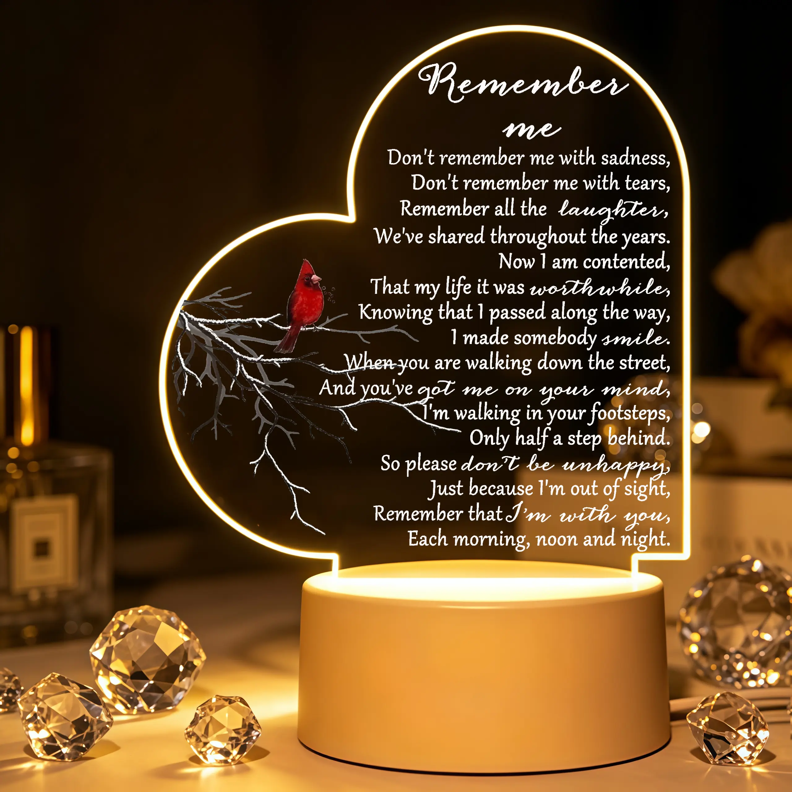 Heart-Shaped Red Cardinal Bird Acrylic LED Night Light - Bereavement Memorial Keepsake Gift with Heart-Shaped Design, Memorial Poem for Space Illumination