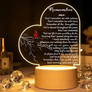 Heart Red Cardinal Bird Acrylic LED Night Light - Light Up Your Space Sympathy Memorial Keepsake Gift with Remember Me Poem for Bereavement Remembrance