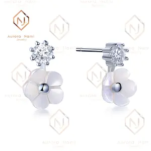 White Flower Petal Pearl Studs With Moissanite